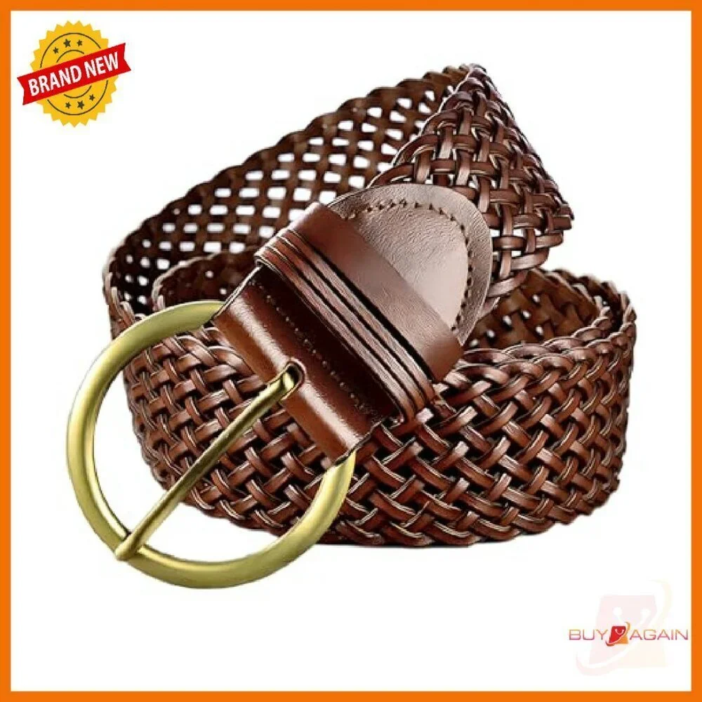 2 Inch Wide Braided Leather Belt with Gold Buckle for Women
